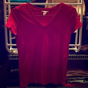 Soft and comfortable red v-neck tee shirt.